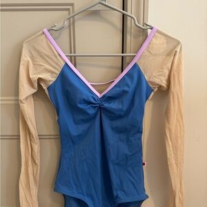 Blue and Beige Long Sleeve Leotard